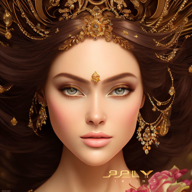 Detailed portrait of woman with golden headgear and jewelry, surrounded by floral elements