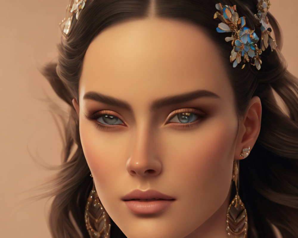 Detailed digital art portrait of woman with gold floral headpiece and earrings