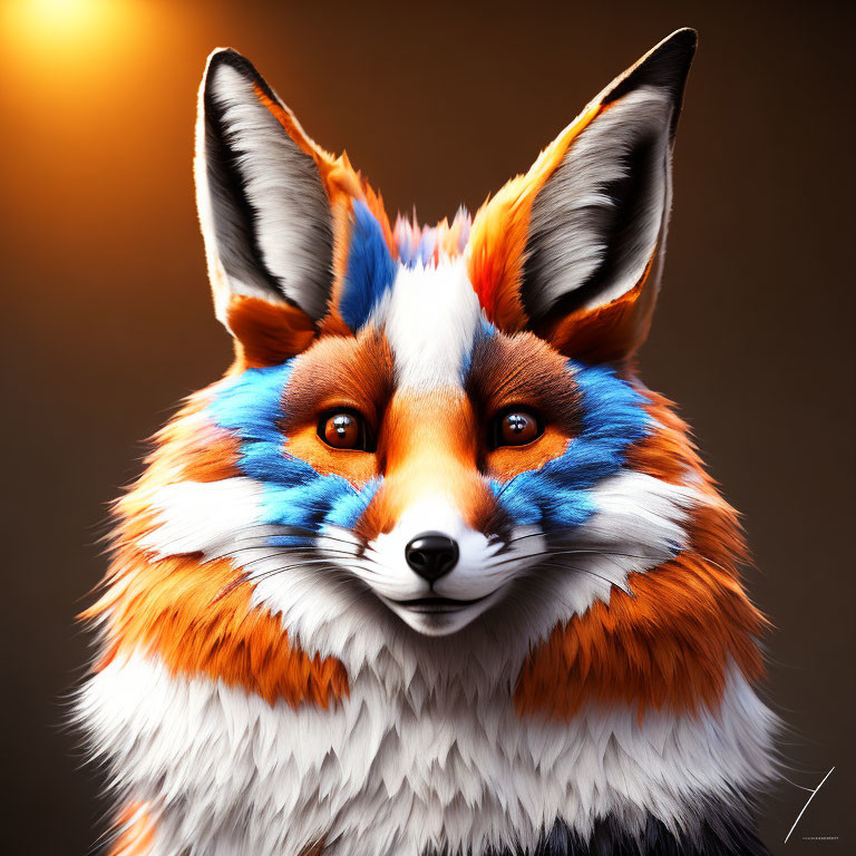 Colorful Fox Portrait with Blue, White, and Orange Fur