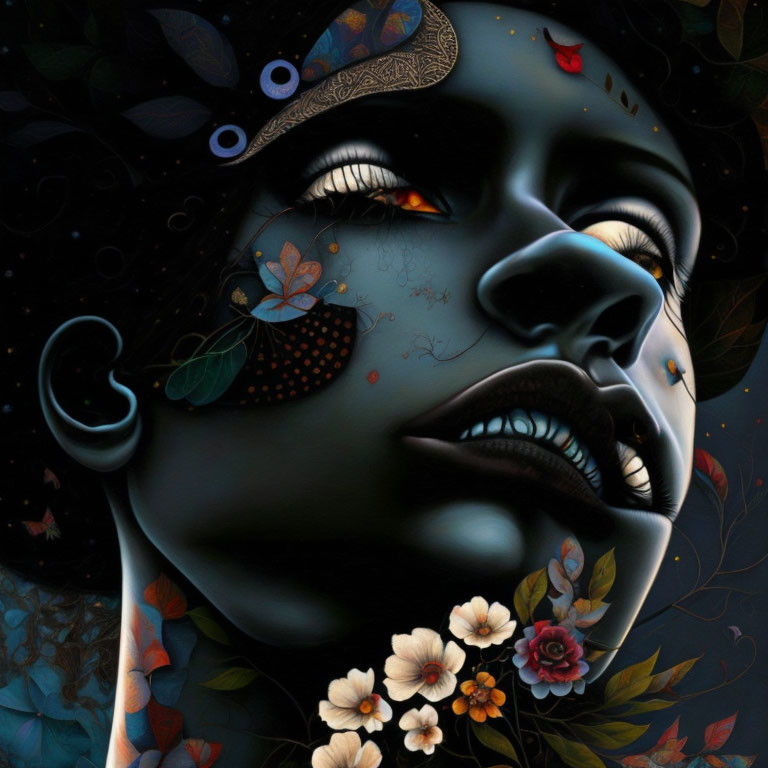 Surreal portrait of a woman with floral patterns and night sky motif