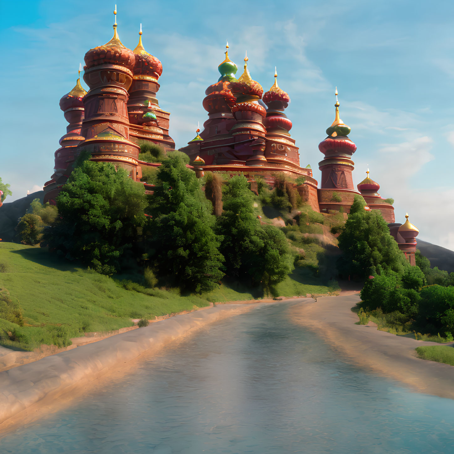 Majestic castle on verdant hill by calm river