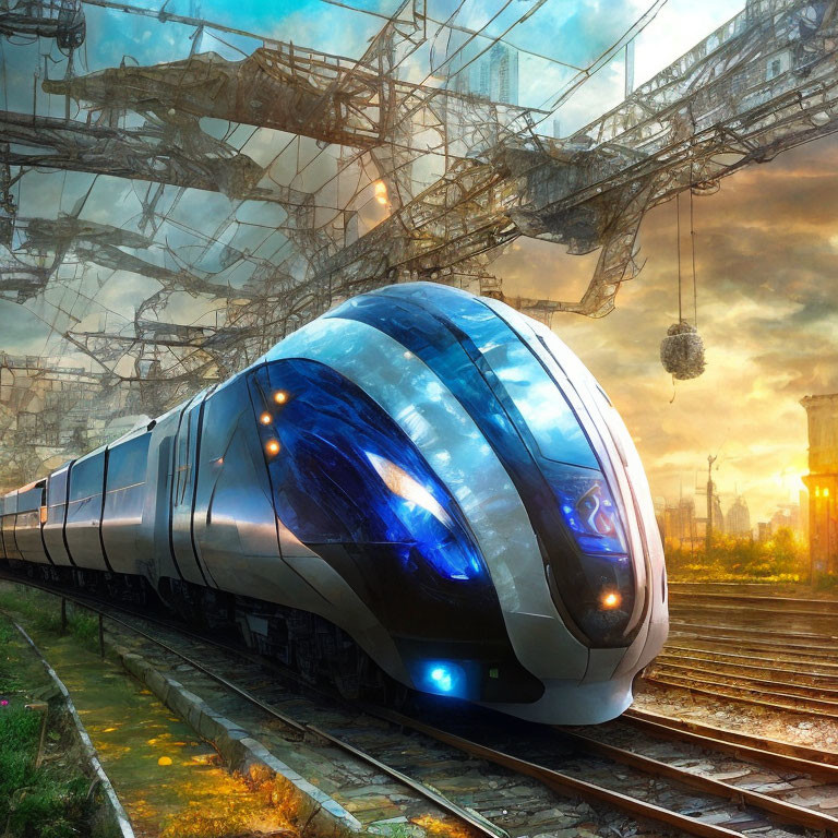 Blue futuristic train on industrial tracks with golden sky.