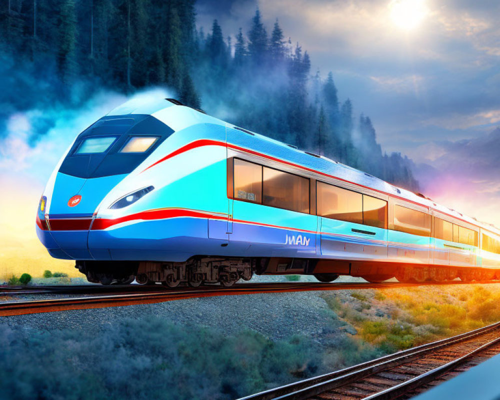 High-speed train in misty forest landscape at sunset
