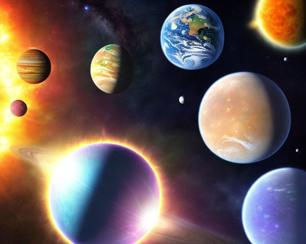 Colorful planetary artwork set against starry space.