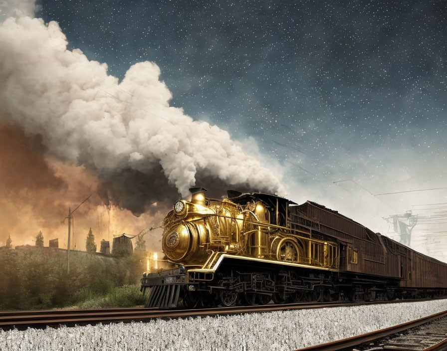 Vintage Golden Steam Locomotive on Tracks Amid Fiery Landscape