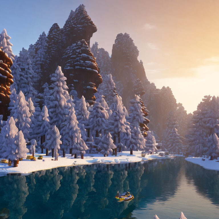Tranquil Sunrise Scene: Snowy Pines, Lake, Boat