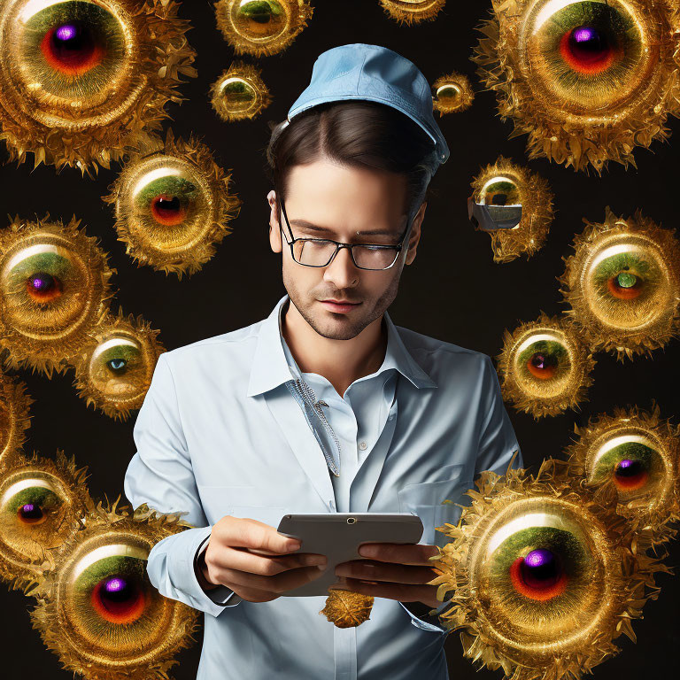 Man in glasses and blue cap with floating golden feathered eyes on dark background
