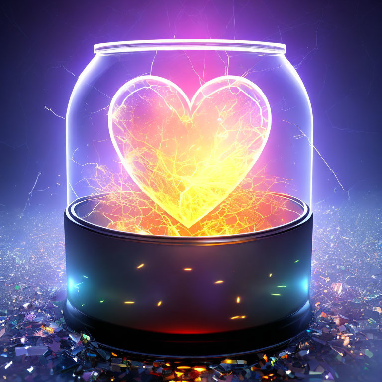 Futuristic glowing neon heart in glass jar with multicolored lights