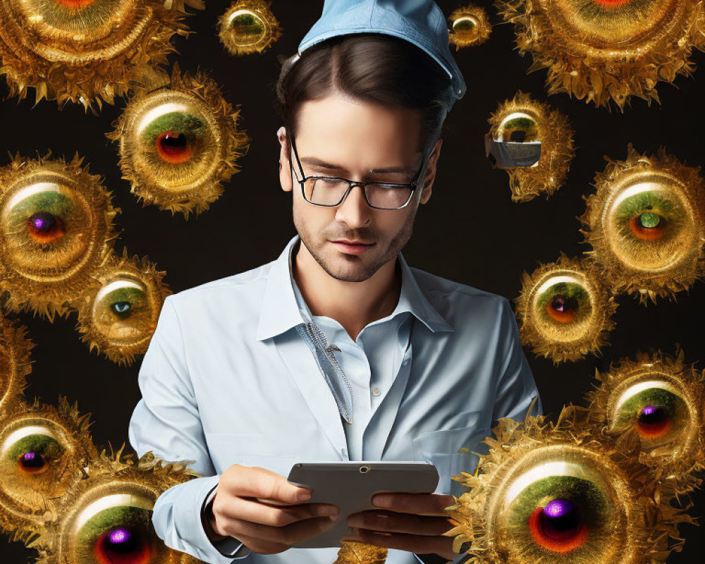 Man in glasses and blue cap with floating golden feathered eyes on dark background