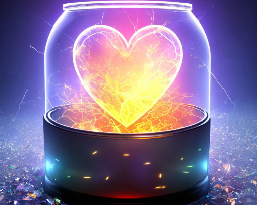 Futuristic glowing neon heart in glass jar with multicolored lights