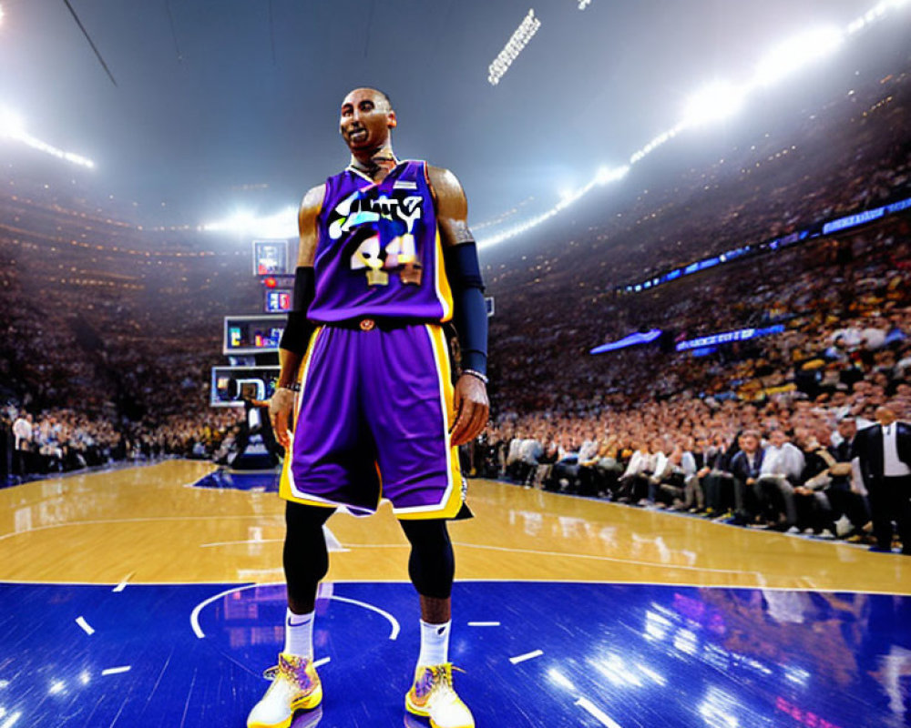 Basketball player in purple and gold uniform, number 24, on court with spectators
