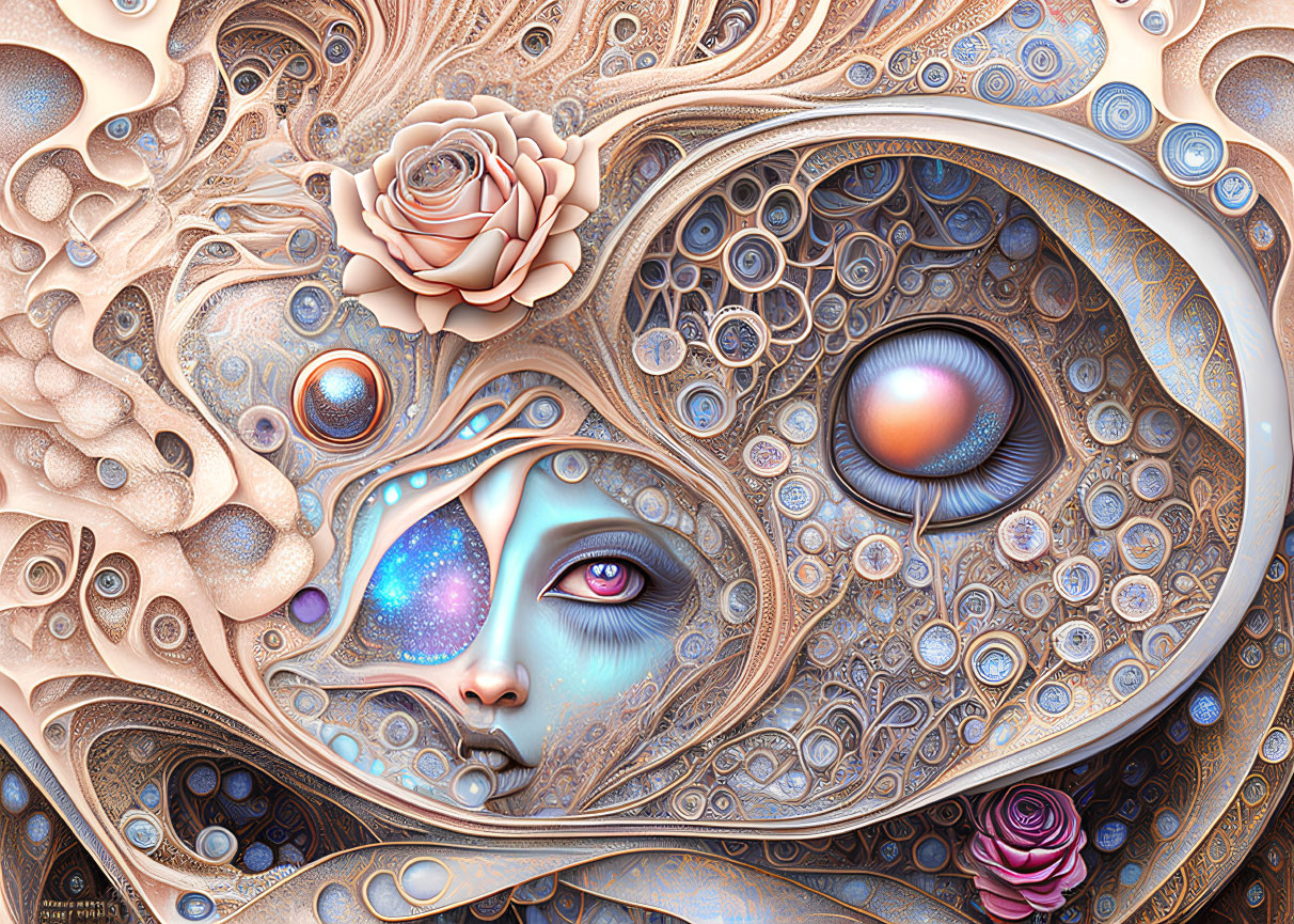 Detailed surreal artwork: Female face with cosmic, mechanical, and floral elements