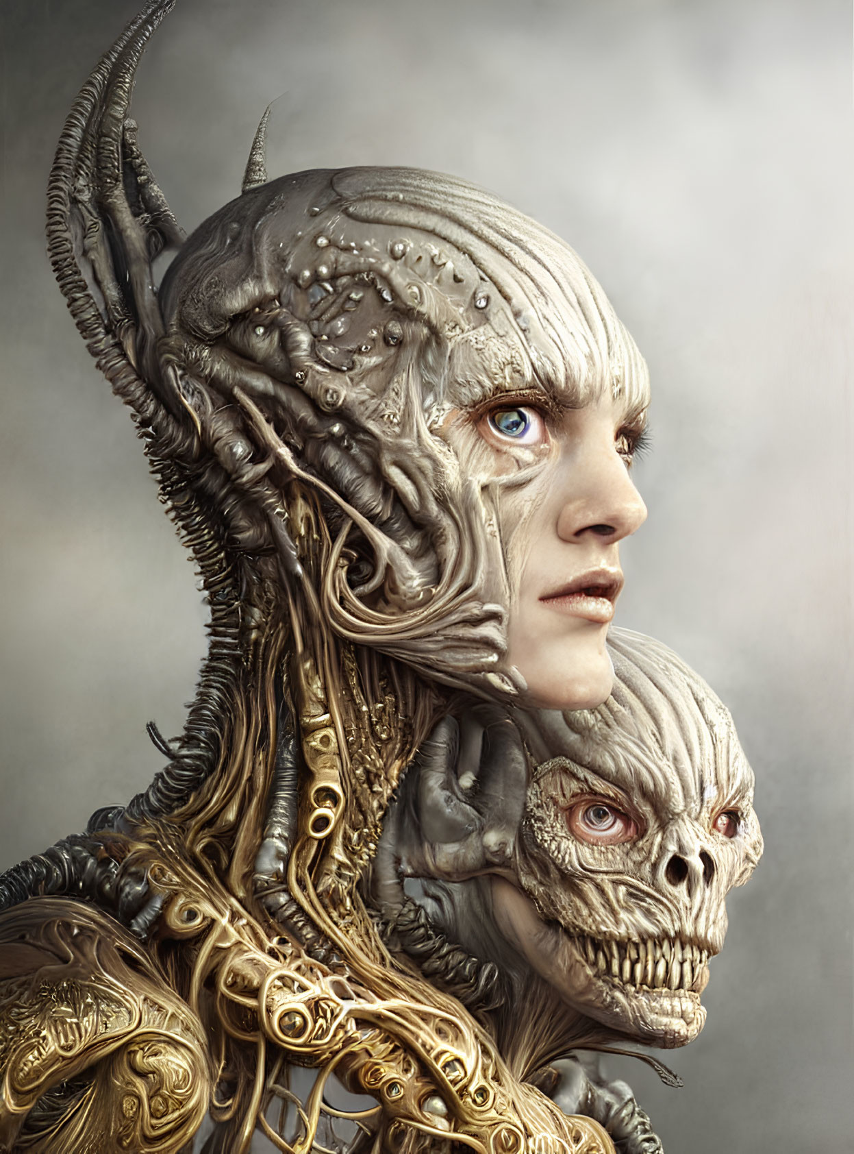 Biomechanical humanoid and skull profile with blue and red eyes