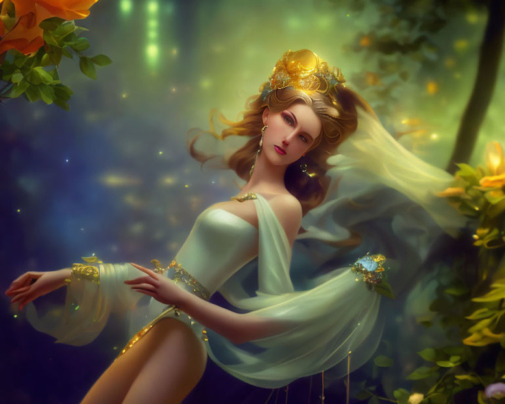 Ethereal woman with golden hair in mystical forest