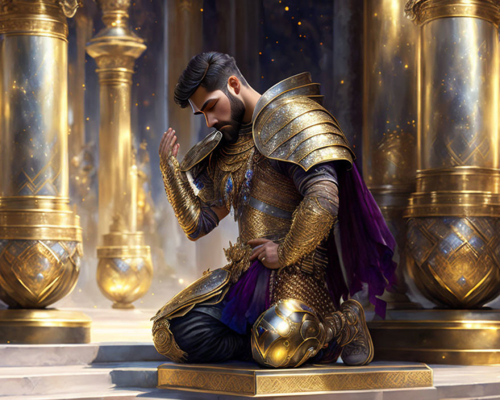 Digital Artwork: Kneeling Armored Warrior in Golden Temple