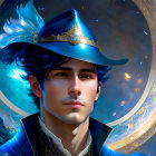 Detailed digital portrait of a man with mystical blue hat, cloak, and golden butterflies in ornate setting