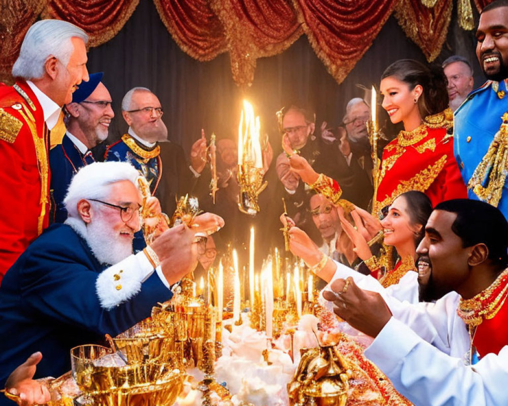 Opulent banquet scene with elegantly dressed guests and lavish decor
