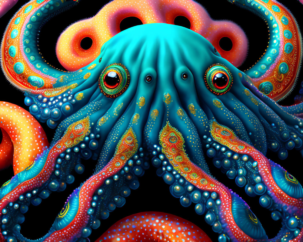 Colorful surreal octopus with multiple eyes and intricate patterns on tentacles