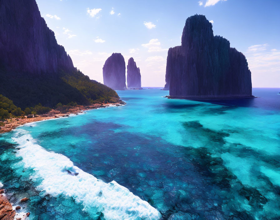 Scenic coastal view: turquoise waters, white surf, towering cliffs, purple sky