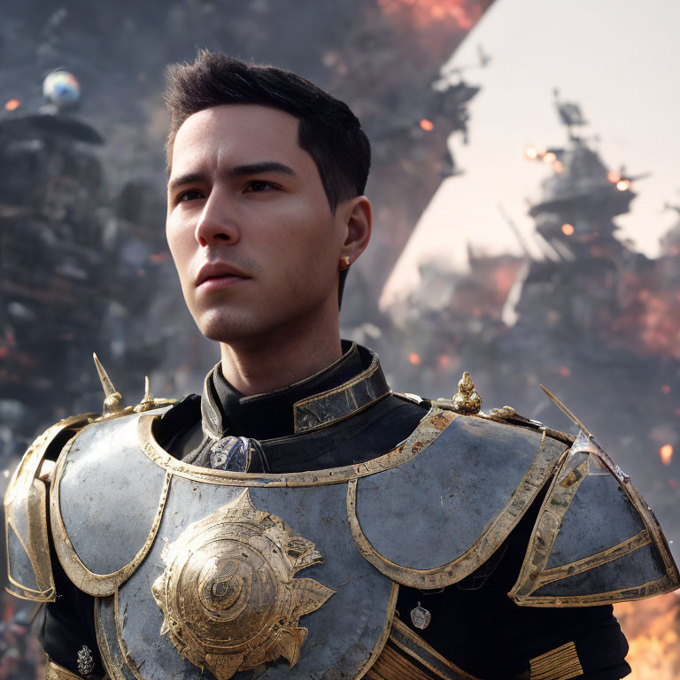 Futuristic armor man in fiery debris backdrop portrait
