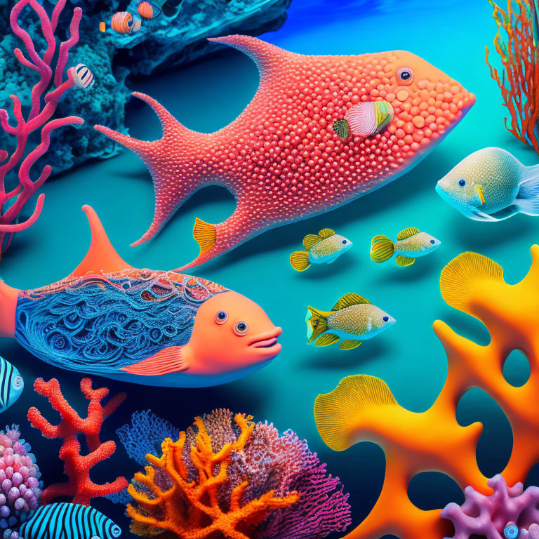 Colorful Stylized Fish and Coral Reefs in Vibrant Underwater Scene