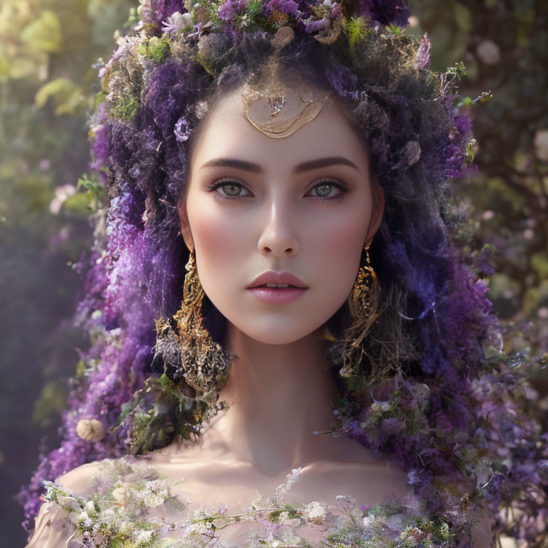 Portrait of Woman with Purple Floral Hair Adornments and Golden Accessories
