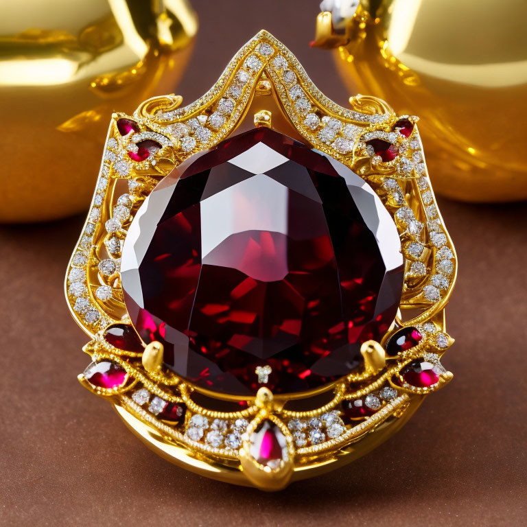 Luxurious Red Gemstone Pendant with Gold Filigree & Diamonds
