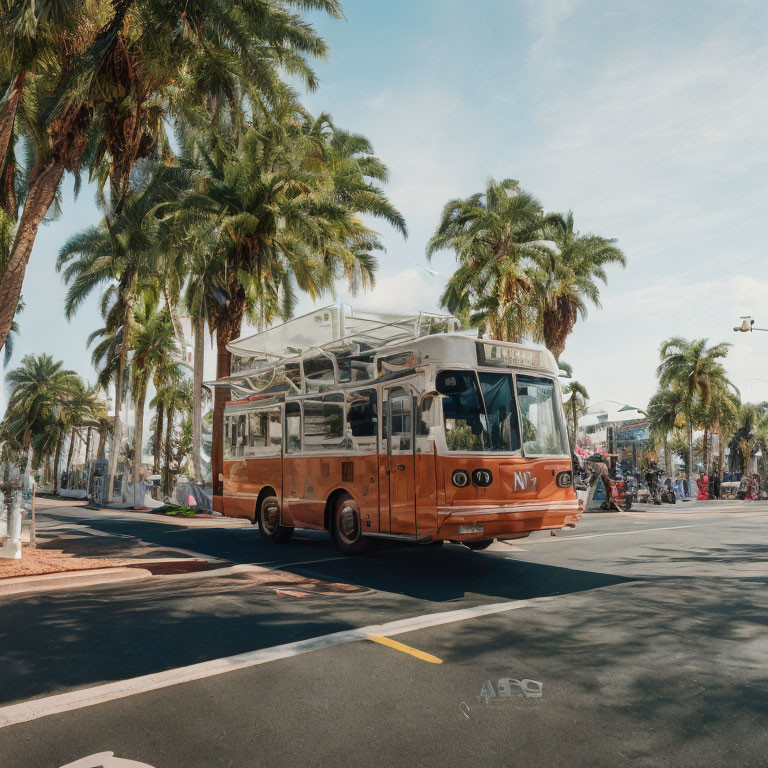 Sunlit Street Scene: Orange Trolley Bus & Palm Trees