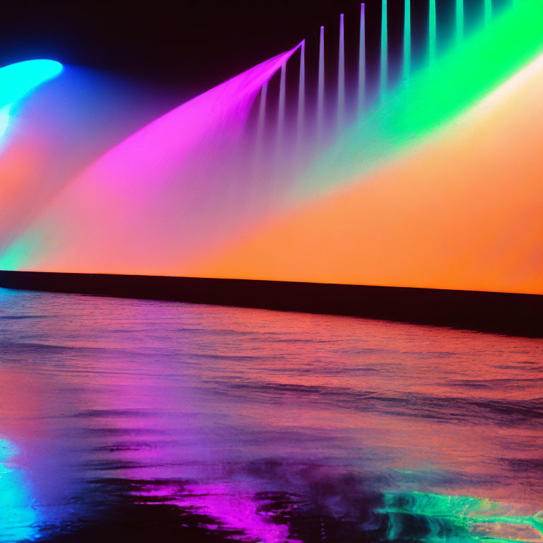 Colorful light display with magenta, blue, and green hues on glossy surface