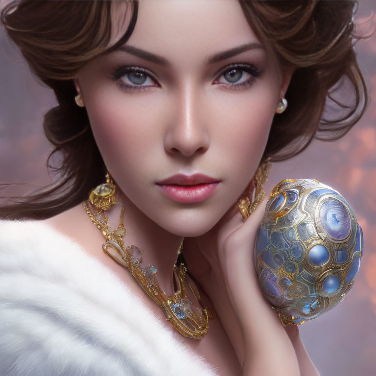 Portrait of a woman in white fur wrap and gold jewelry holding a decorative orb