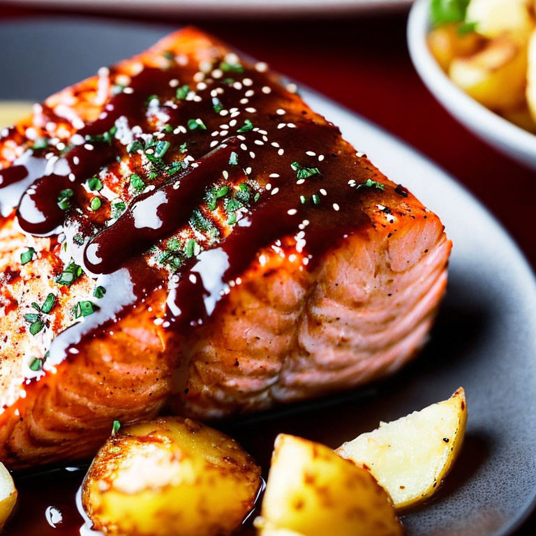 Grilled Salmon Fillet with Sesame and Herb Glaze on Dark Plate