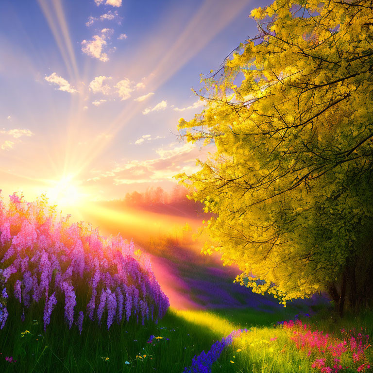 Colorful Sunrise Over Vibrant Meadow with Blooming Flowers
