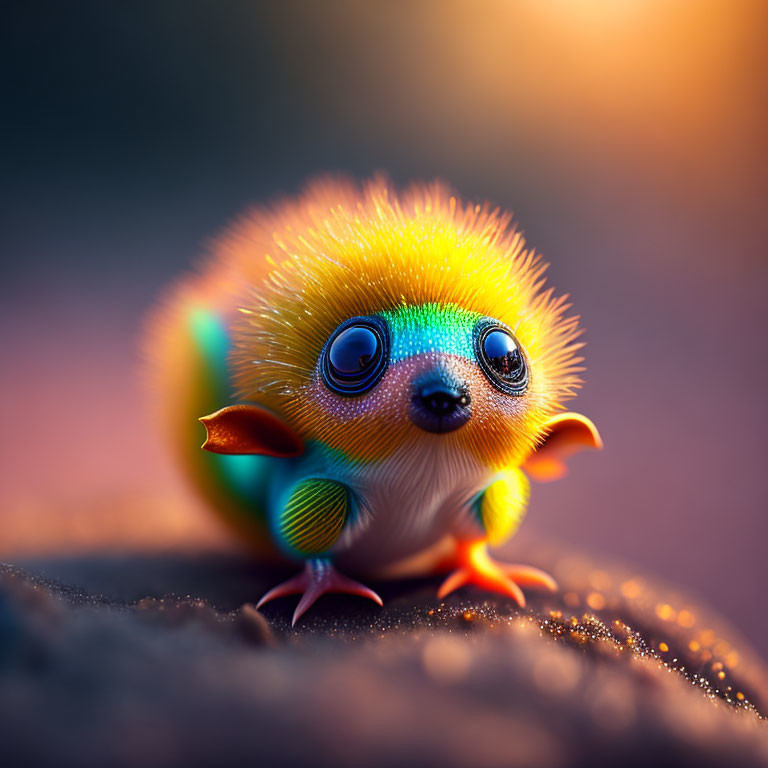 Colorful fantastical creature with bright fur and large blue eyes in warm ambient light