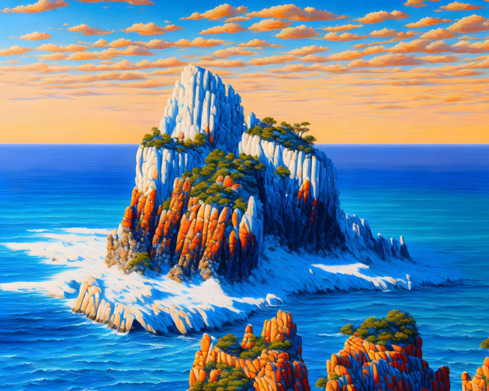 Vibrant digital painting of rocky island in turquoise sea.