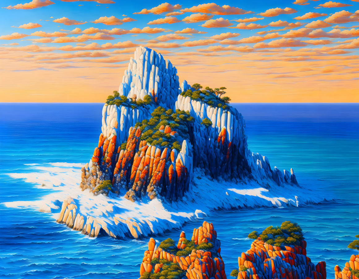 Vibrant digital painting of rocky island in turquoise sea.
