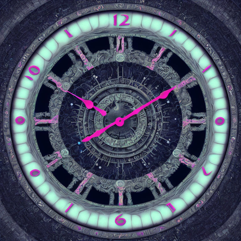 Fractal-inspired clock with Roman numerals and neon pink hands