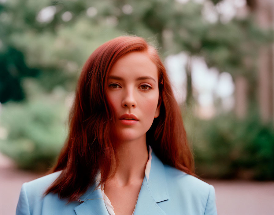 Red-haired woman in light blue blazer outdoors with green background