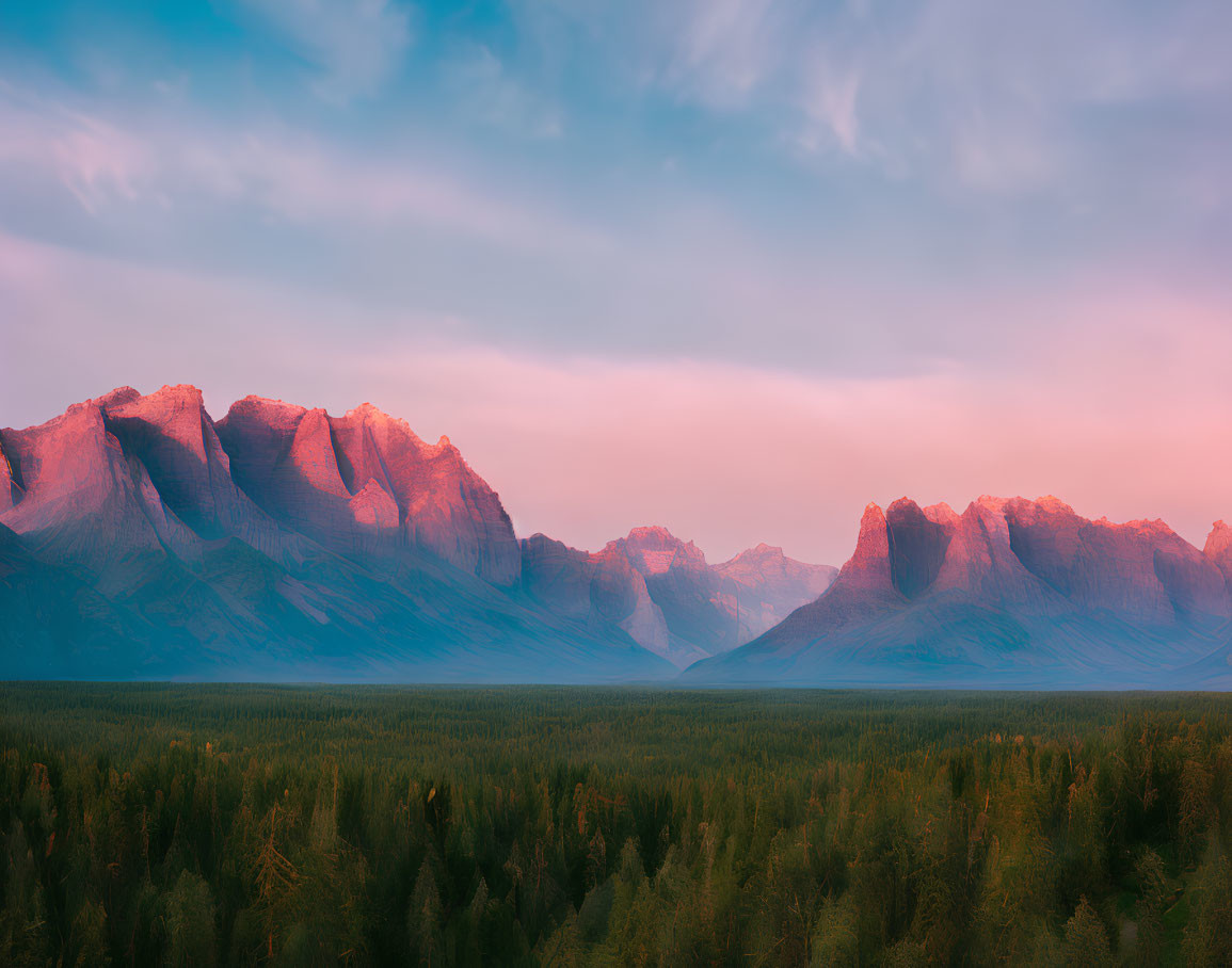 Tranquil sunrise landscape with forest and mountains