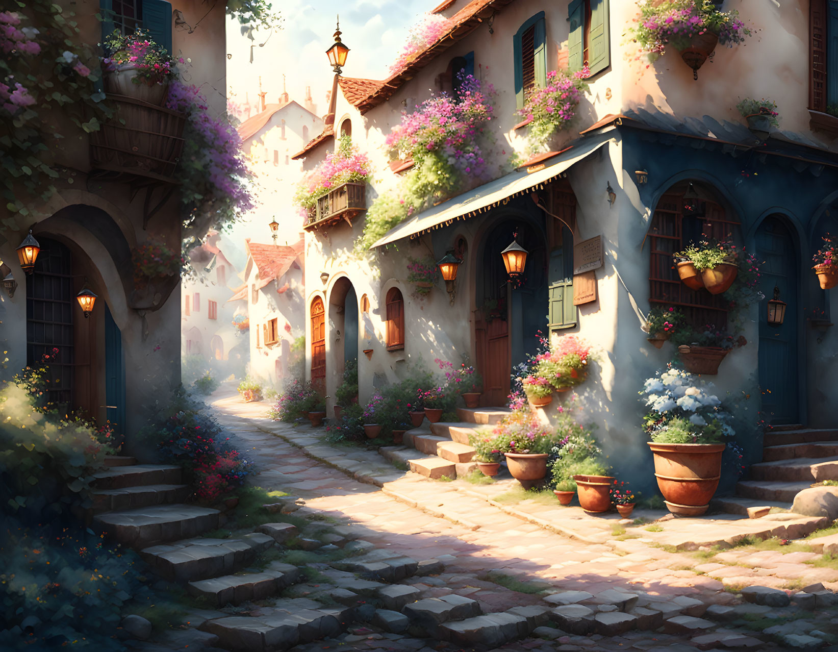 Picturesque cobblestone street with charming houses and blooming flora in sunlight