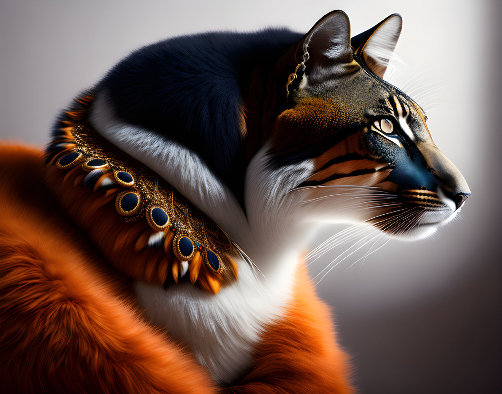 Digital Art: Cat with Tiger Face and Jewelry on Gradient Background