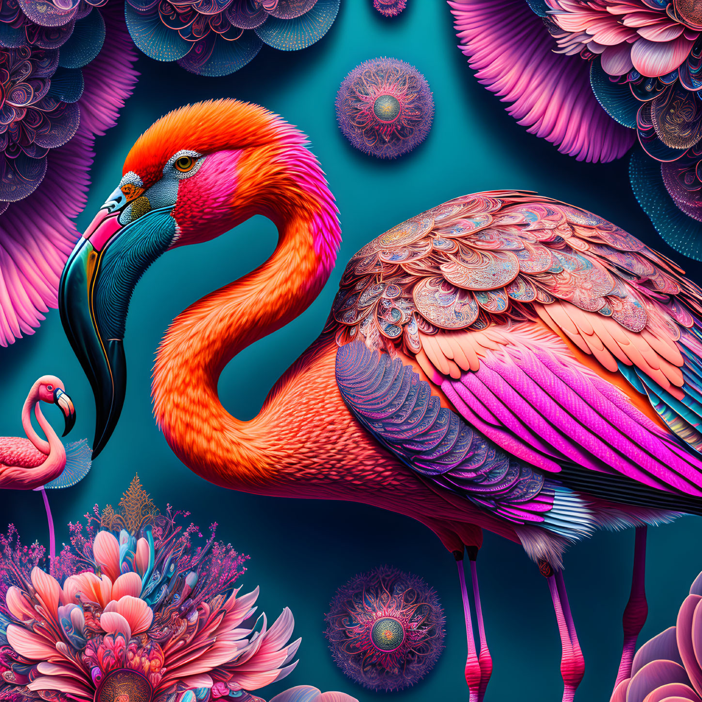Detailed digital artwork of stylized pink flamingos in ornate tropical setting