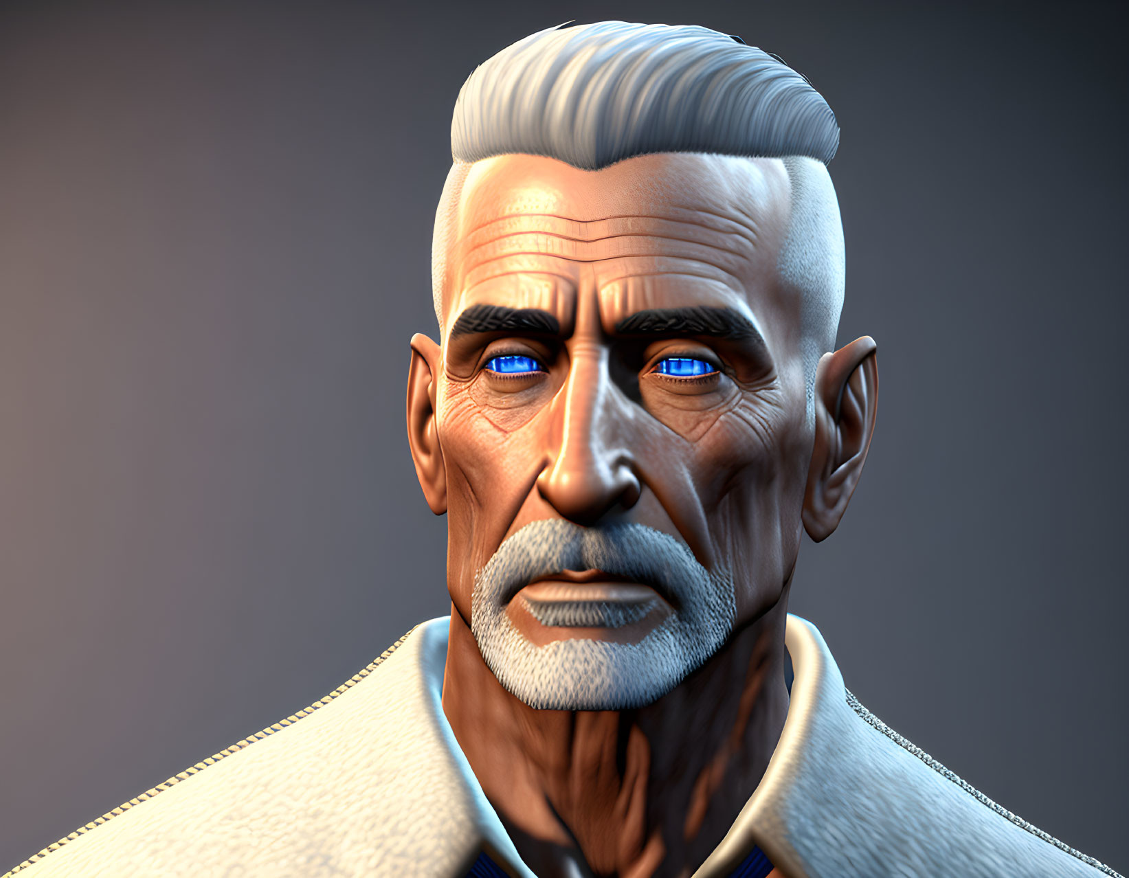 Elder Man 3D Rendering with Silver Hair and Blue Eyes