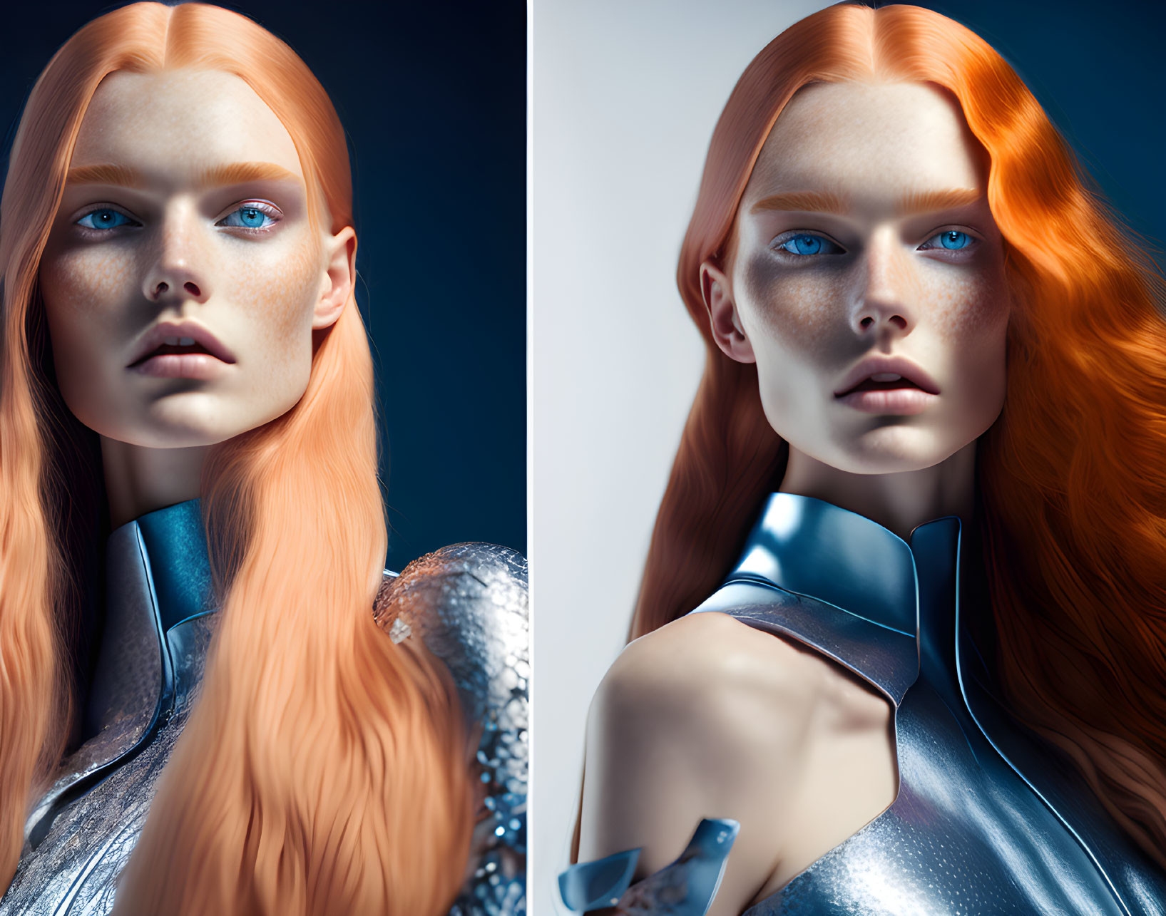 Diptych of Woman with Red Hair in Futuristic Metallic Clothing