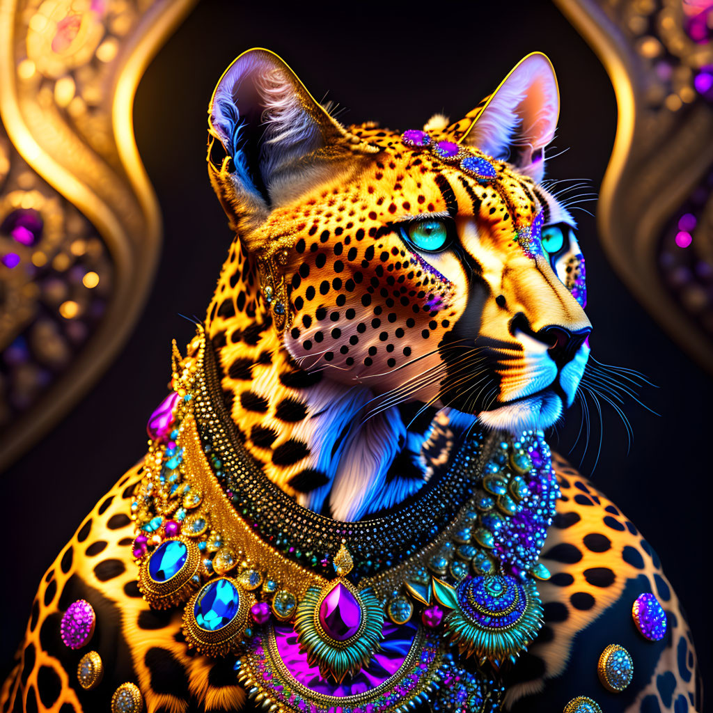 Colorful Gemstone Jewelry Adorns Majestic Leopard in Digital Illustration
