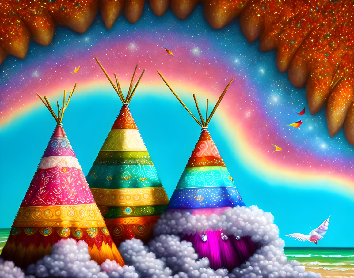 Vibrant Teepees Under Starry Sky with Rainbow and Flying Birds