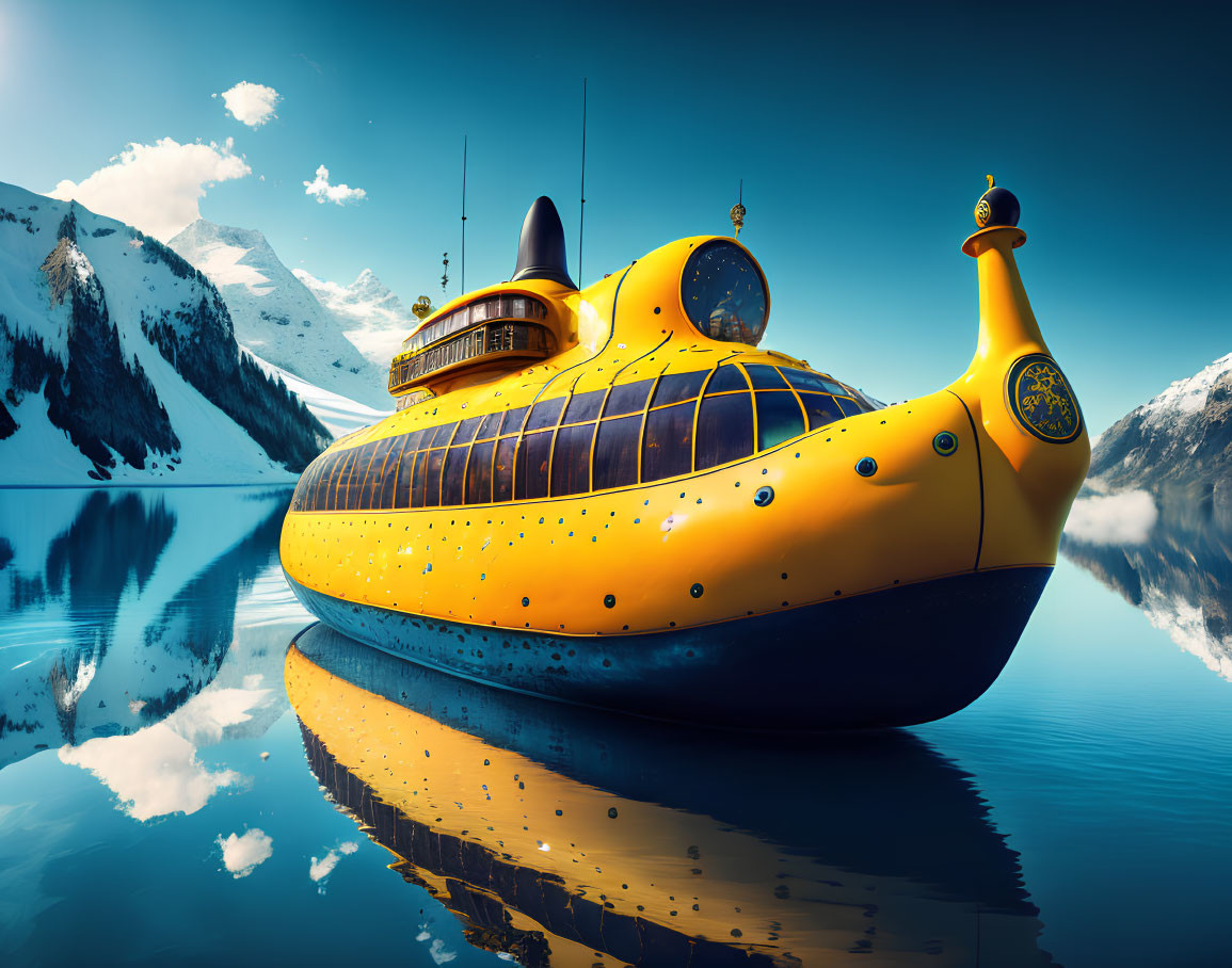 Futuristic yellow submarine on tranquil mountain lake