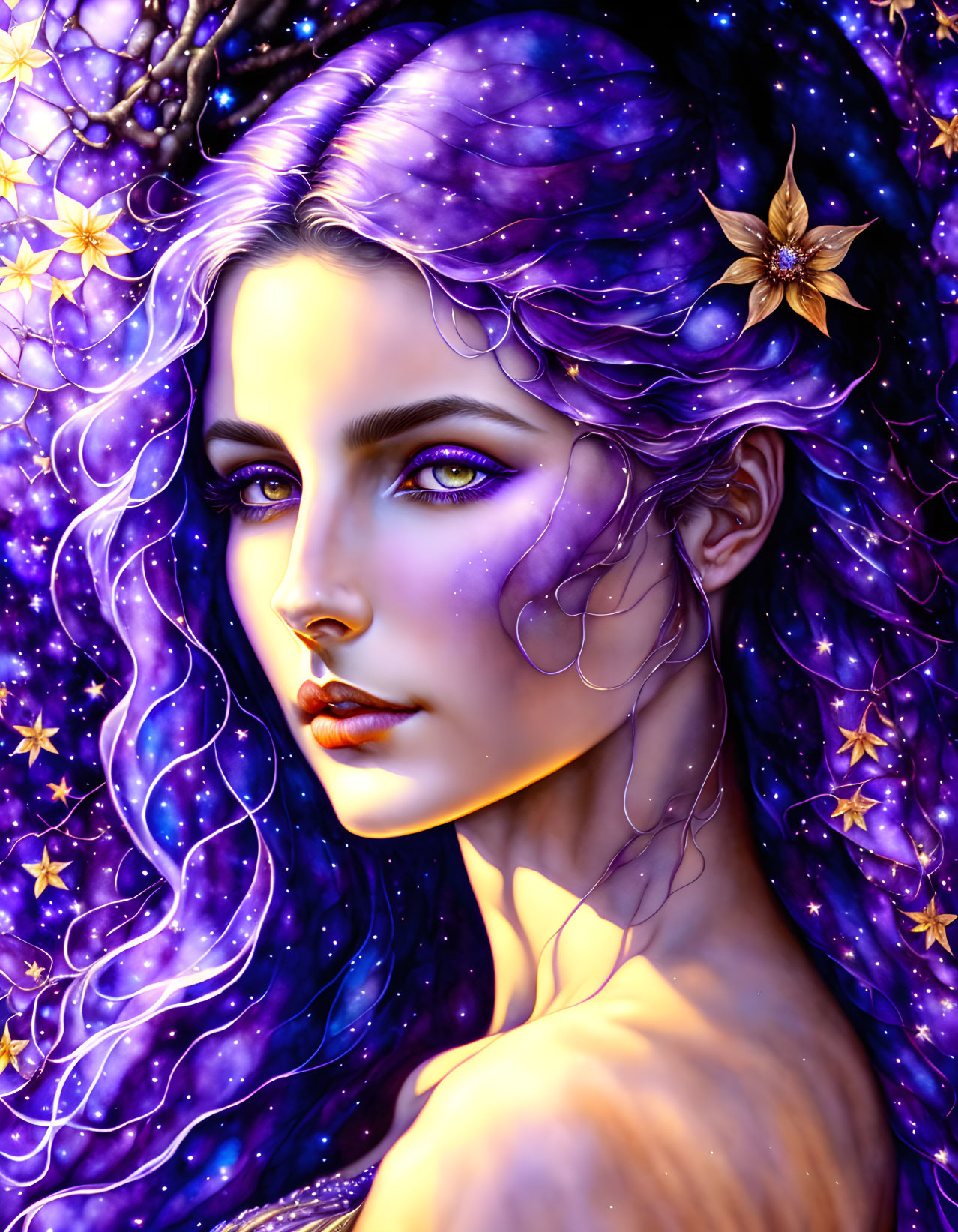 Illustrated portrait of woman with purple starry hair and golden flowers, emanating mystical aura
