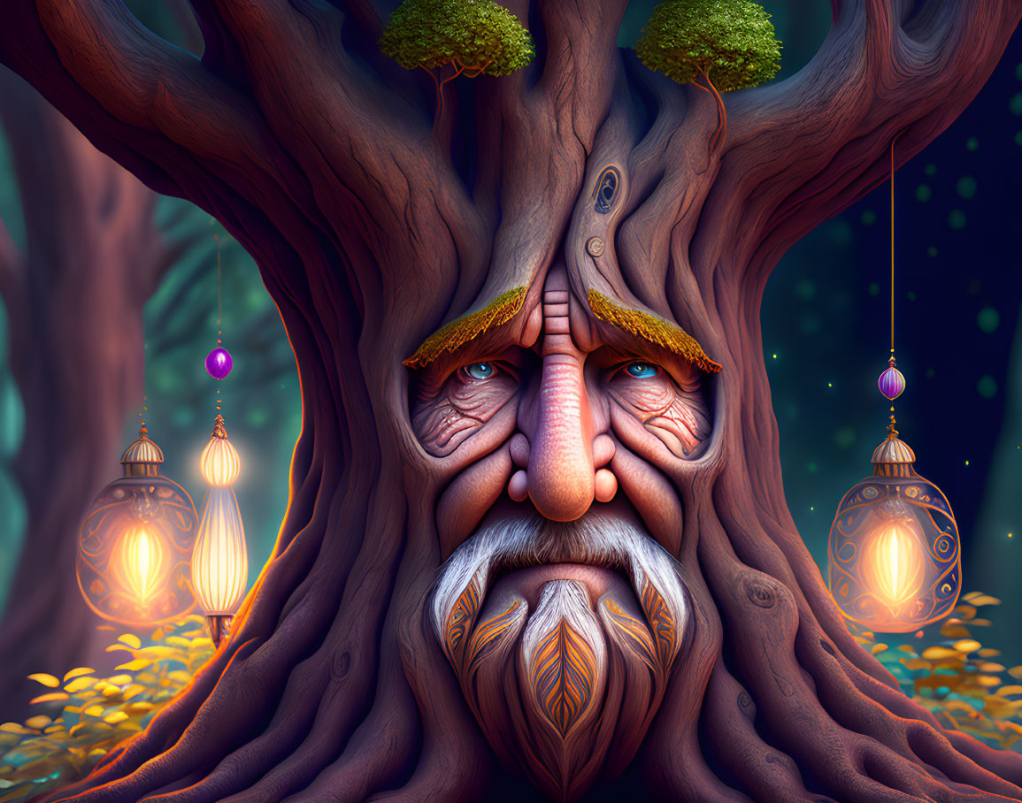 Illustrated wise old tree with human-like features in mystical forest with hanging lanterns