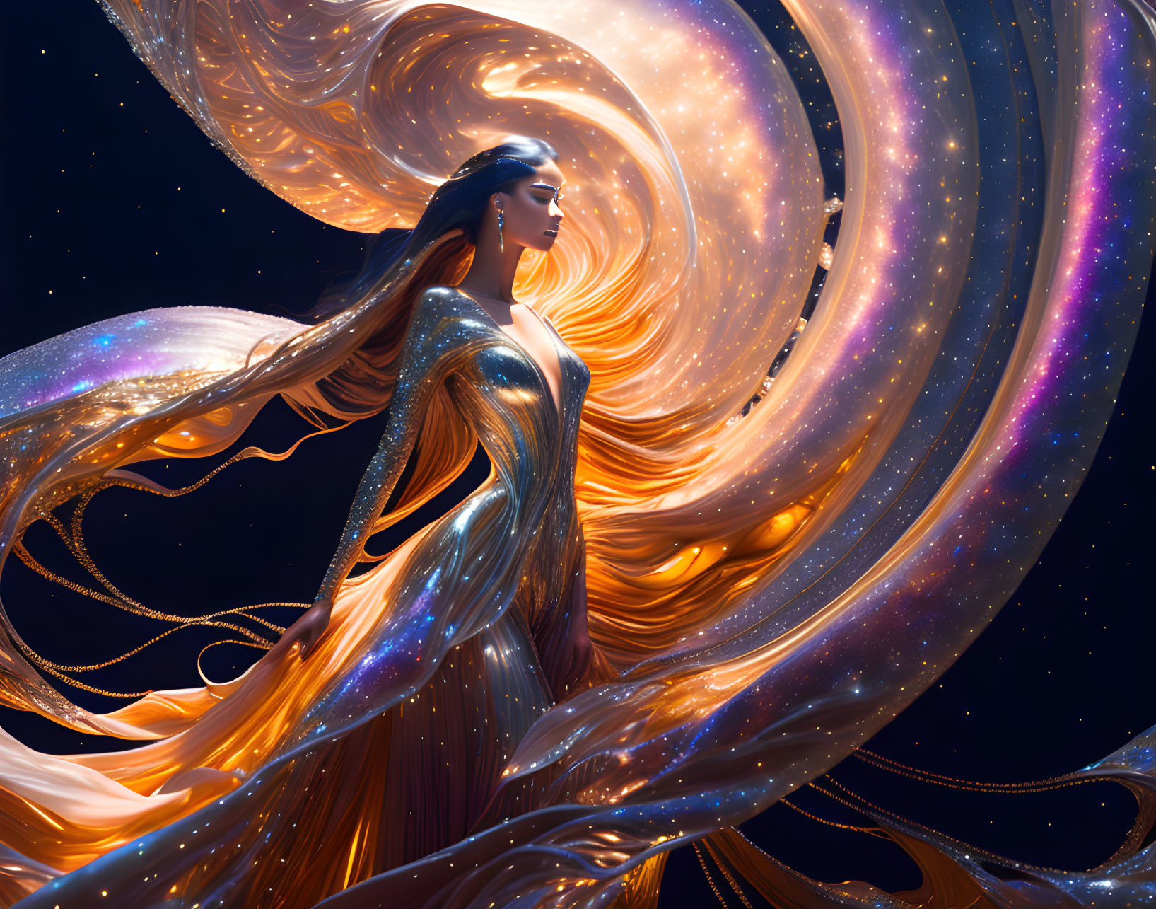 Majestic woman in golden garments merges with cosmic galaxy