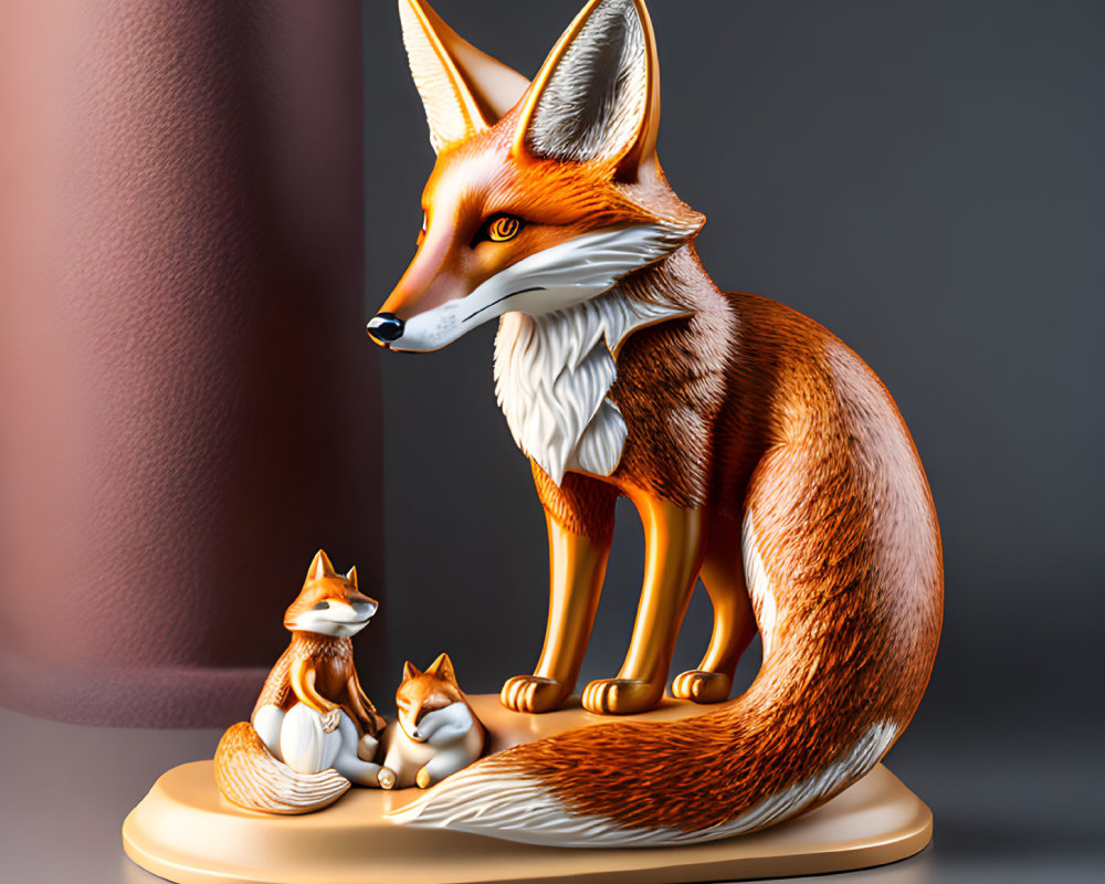 Realistic adult fox figurine with two cubs on wooden base in dark setting